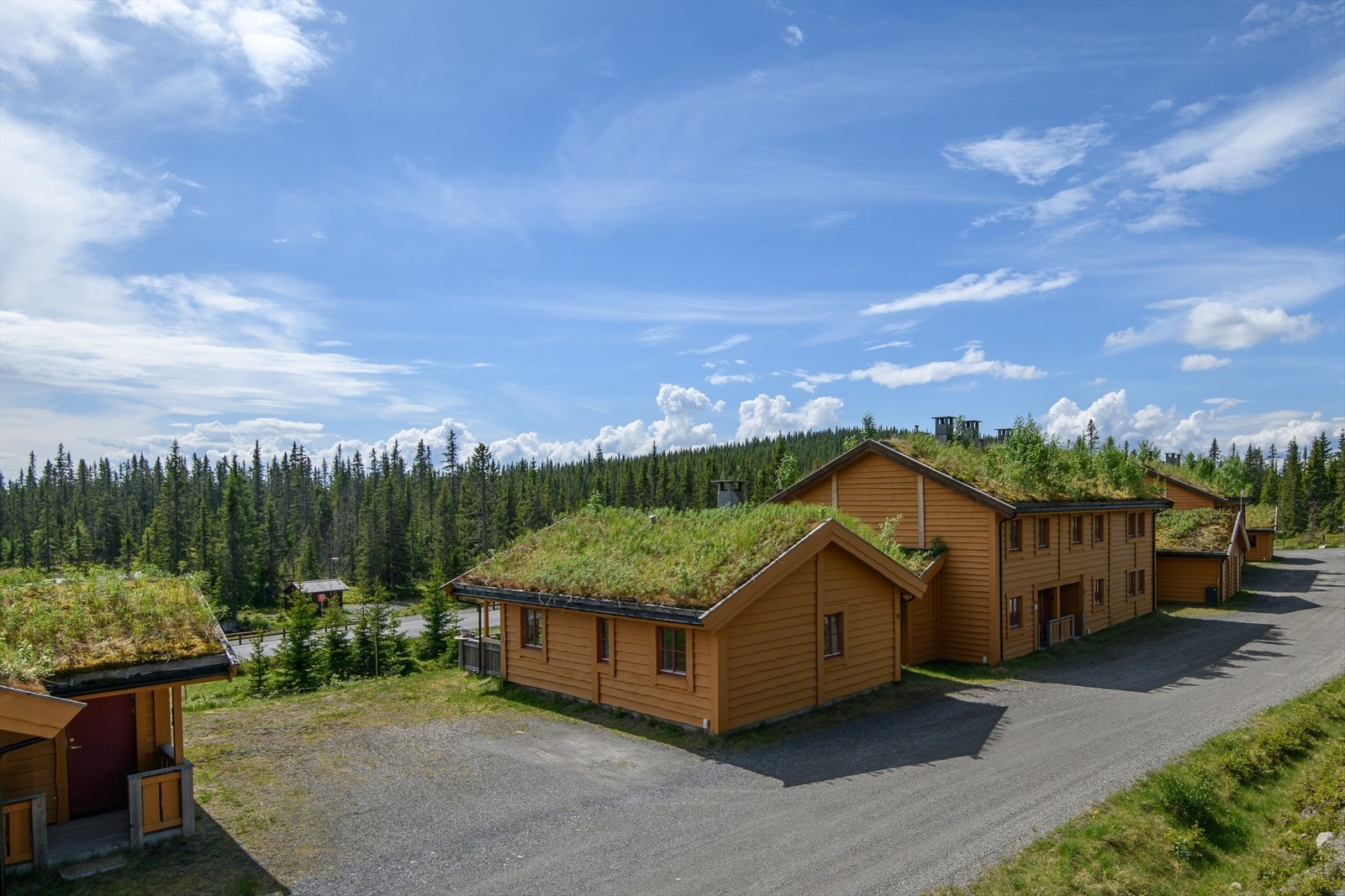 Grusede interne veier i området med biloppstillingsplasser utenfor hyttene. Galleribilde