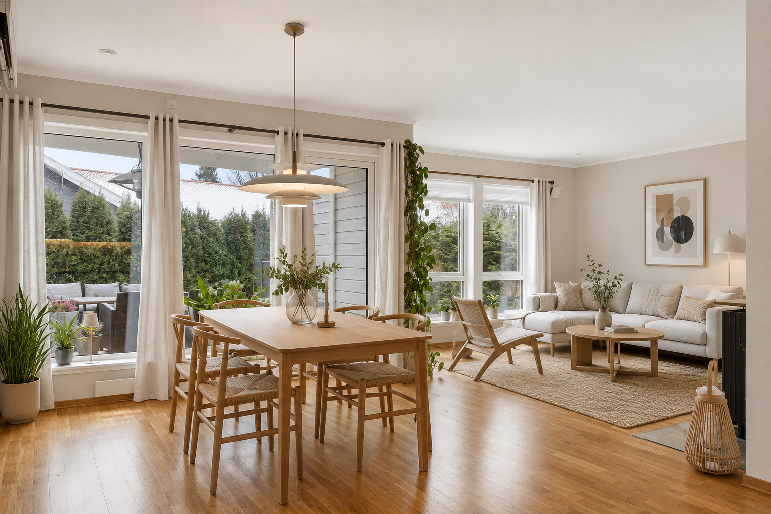 Stuen er i åpen løsning til kjøkken med terrassen rett utenfor. Galleribilde