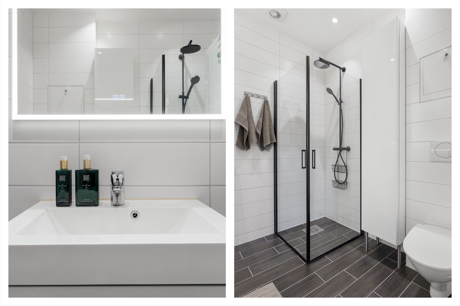Badet er innredet med vegghengt toalett, servant med underskap, speil med belysning og dusjhjørne. Galleribilde