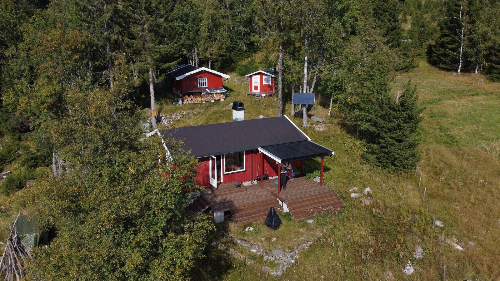 Dronebilde av hytta med gjestehytta og dusj/badstu-bygg bak. Galleribilde