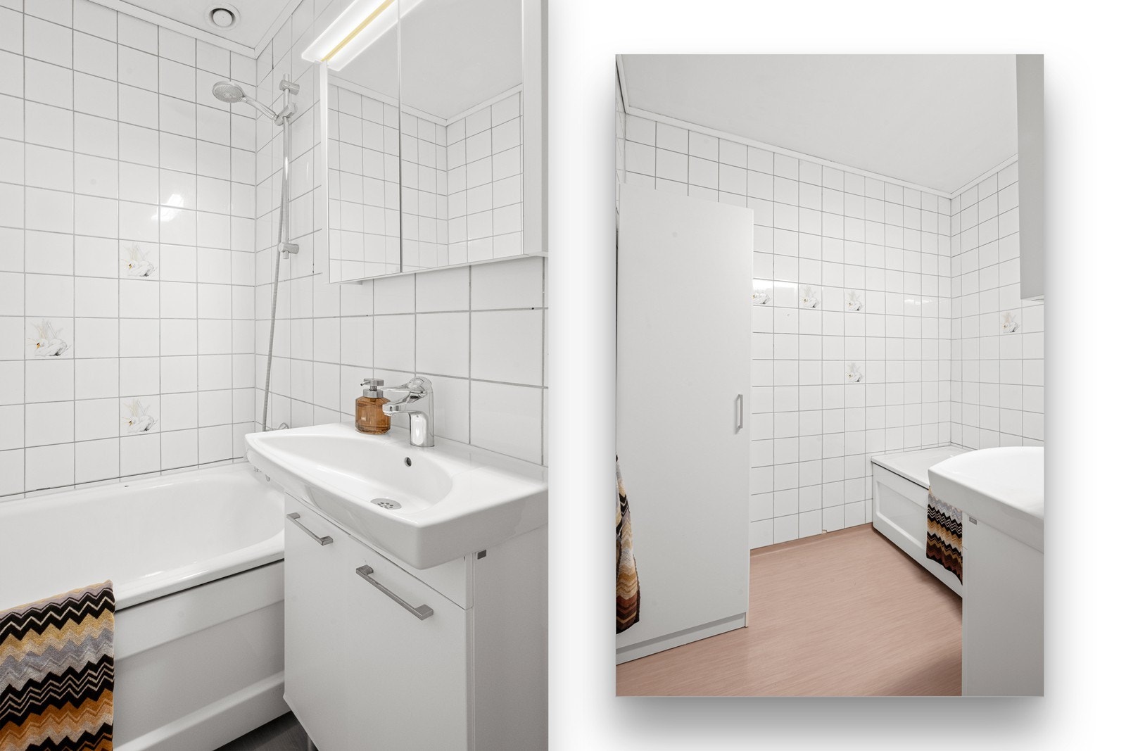 Badet er innredet med badekar, servantskap, speilskap og tørkeskap. Vaskerommet har utslagsvask og plass til vaskesøyle. Galleribilde