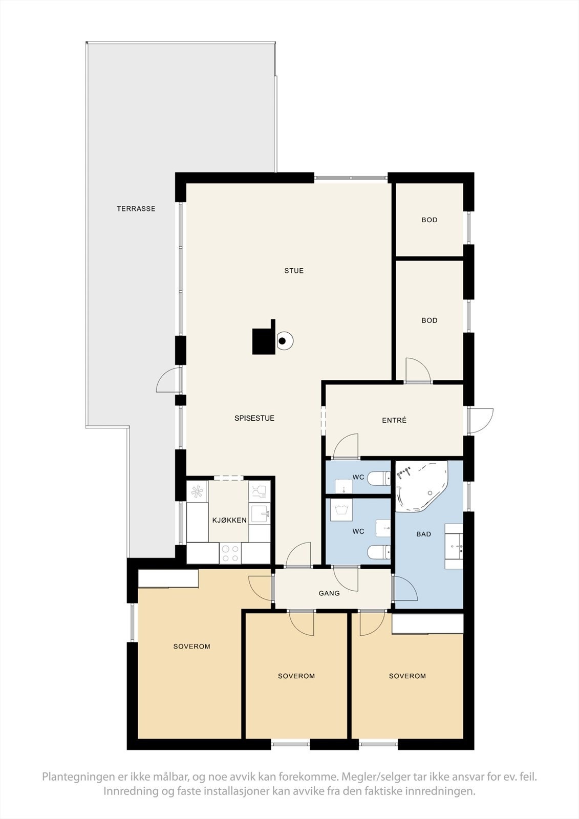 Eneboligen har en praktisk planløsning med alle rom på ett plan. Galleribilde