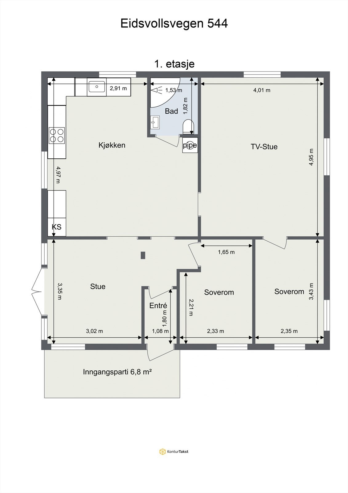 Hovedhuset (Eidsvollsvegen 544) har en arealeffektiv planløsning på ett plan med to soverom, to stuer, kjøkken og bad. Galleribilde