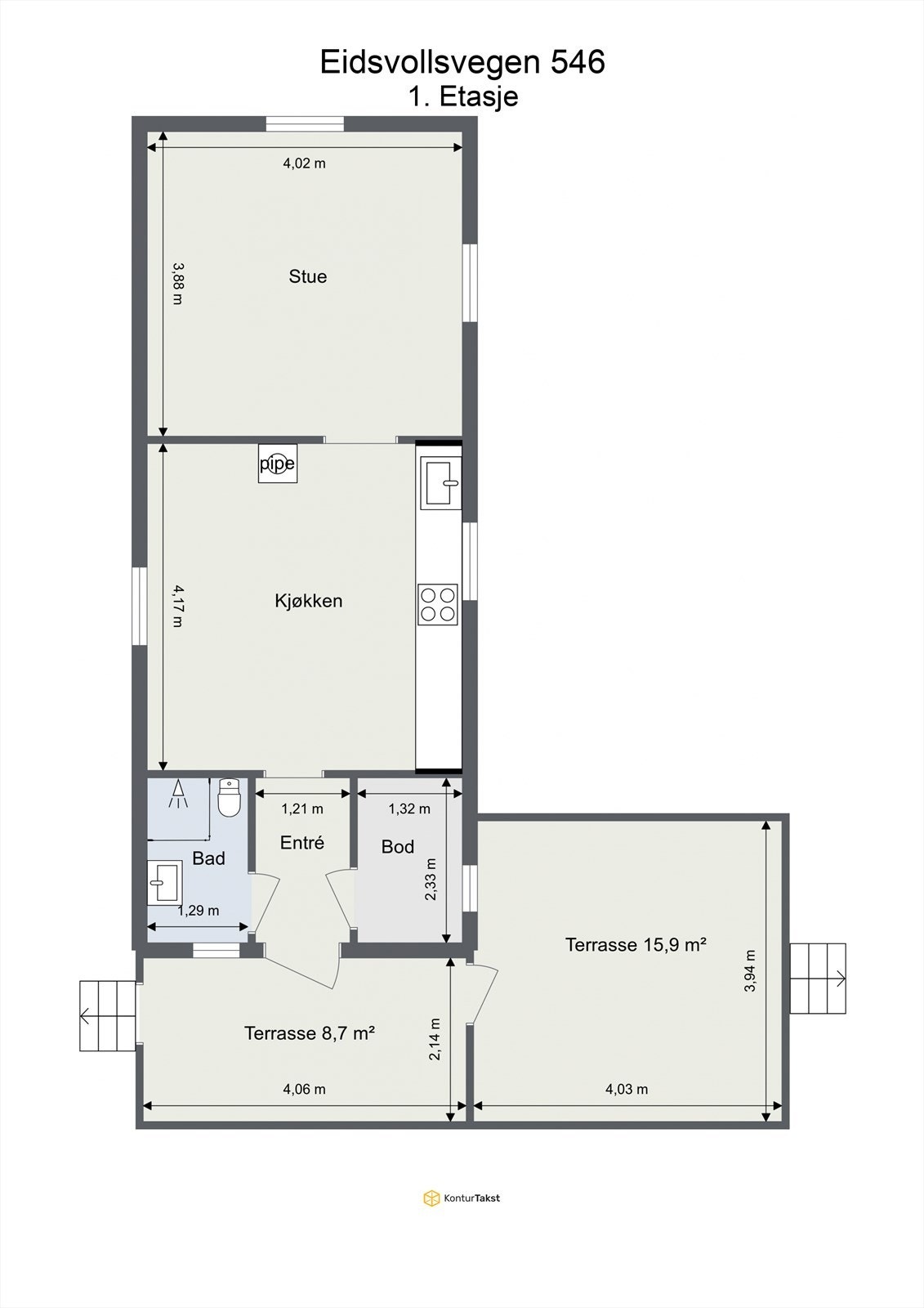 Den andre eneboligen (Eidsvollsvegen 546) inneholder stue, kjøkken, bad, entré og bod, alt på ett plan. Galleribilde