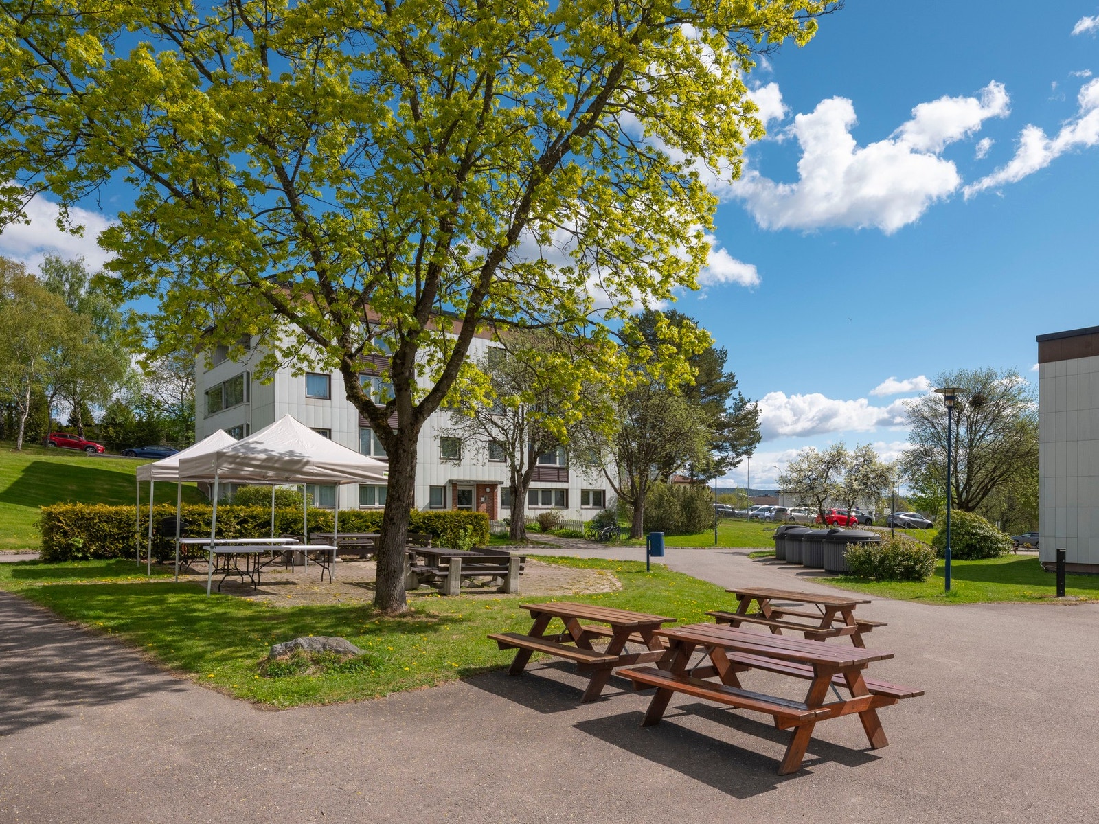 Borettslaget har pent opparbeidet tomt med gressplen- og grøntområder, beplantning, lekeplass og sittegrupper Galleribilde