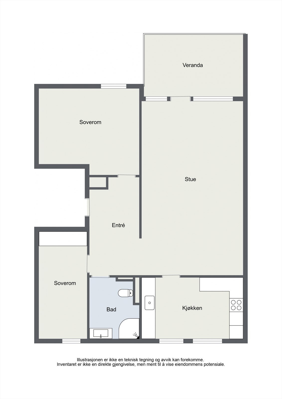 Leiligheten på 69 m² har en arealeffektiv og gjennomgående planløsning med to soverom. Galleribilde
