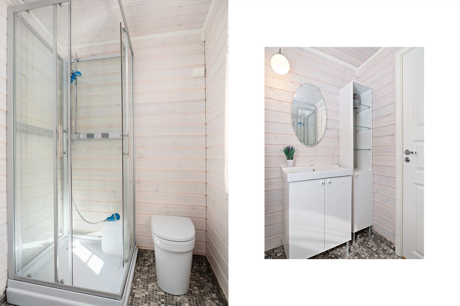 Badet er utstyrt med dusjkabinett og pumpedusj, en "tissedo" og en fin innredning. Galleribilde