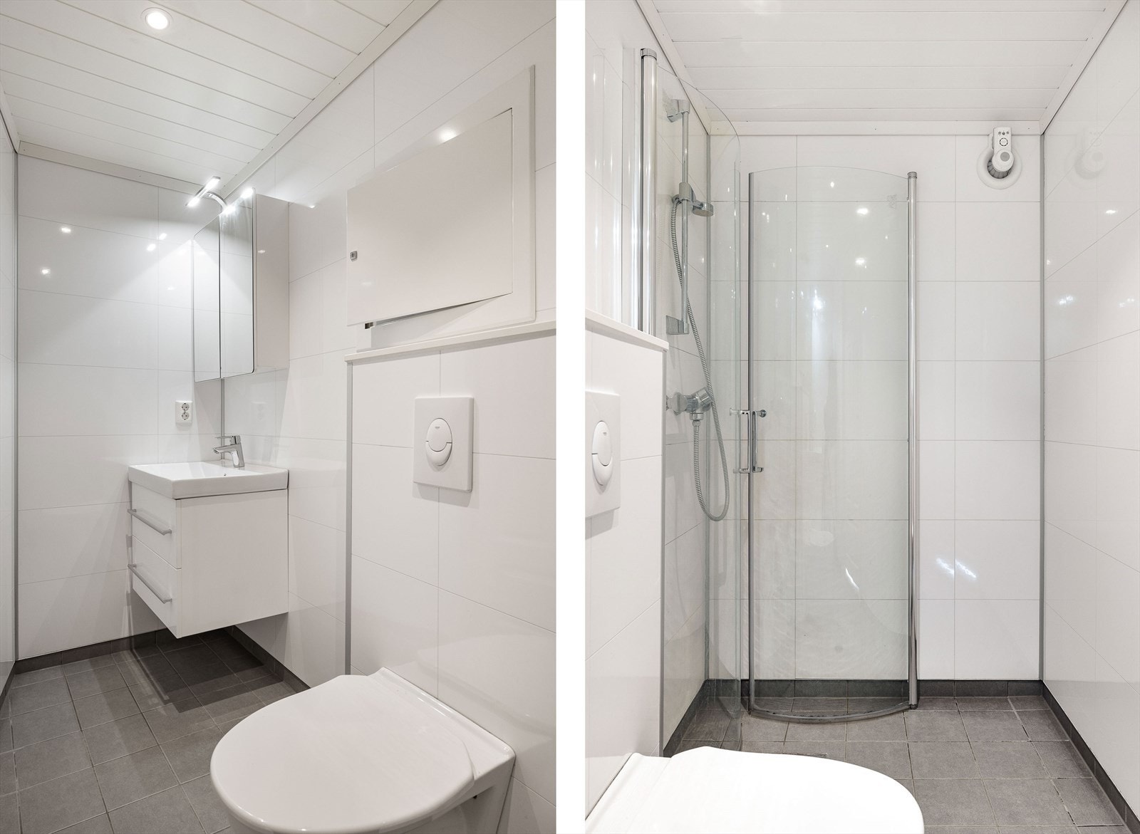Pent bad med fliser og varme på gulv. Våtromsplater på vegger, lysmalt himling og downlights. Badet er utstyrt med vegghengt klosett, dusjnisje, servant med underskap, automatisk vifte og speil med oppbevaring. Galleribilde