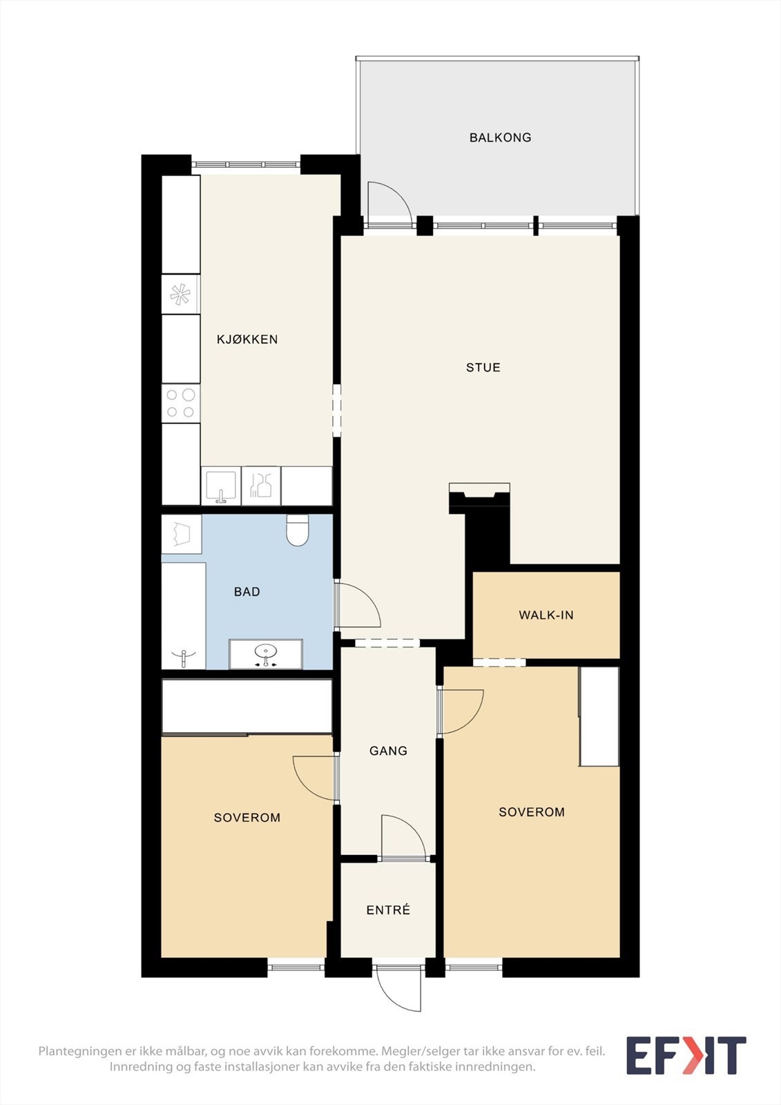 Leiligheten på 78 m² inneholder entré, to soverom, bod, bad, stue og kjøkken, alt praktisk samlet på ett plan. Galleribilde