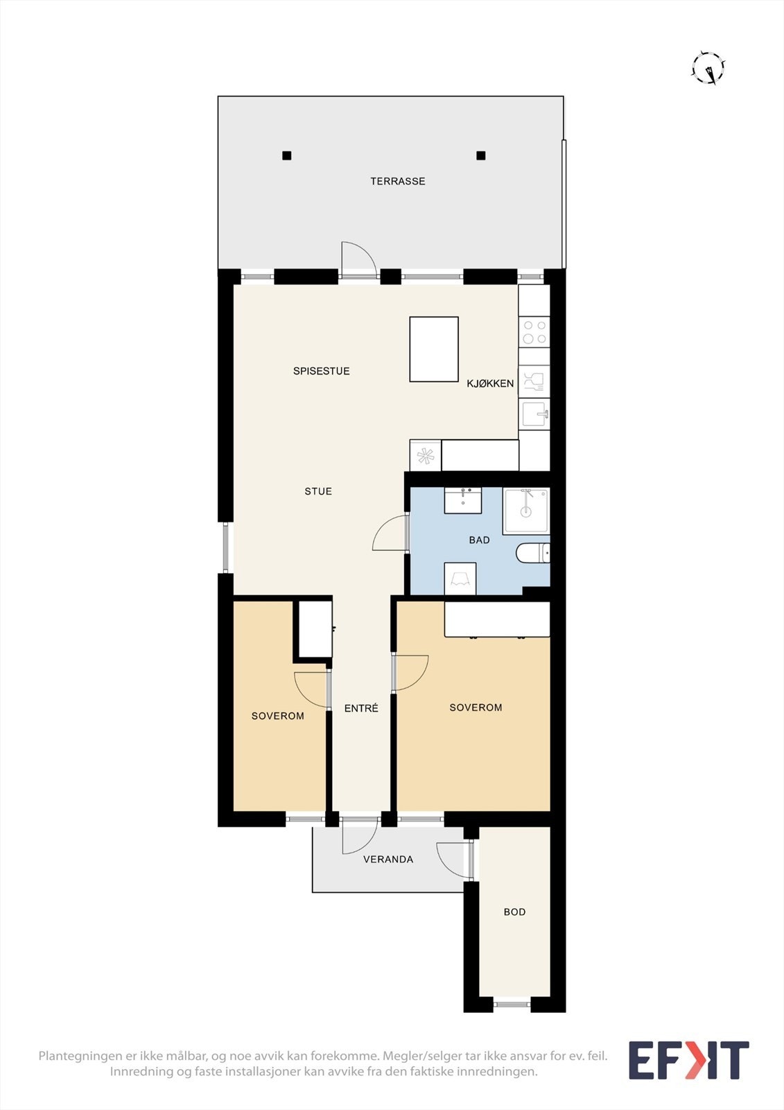 Arealeffektiv planløsning på ett plan, internt bruksareal på 61 m². Galleribilde