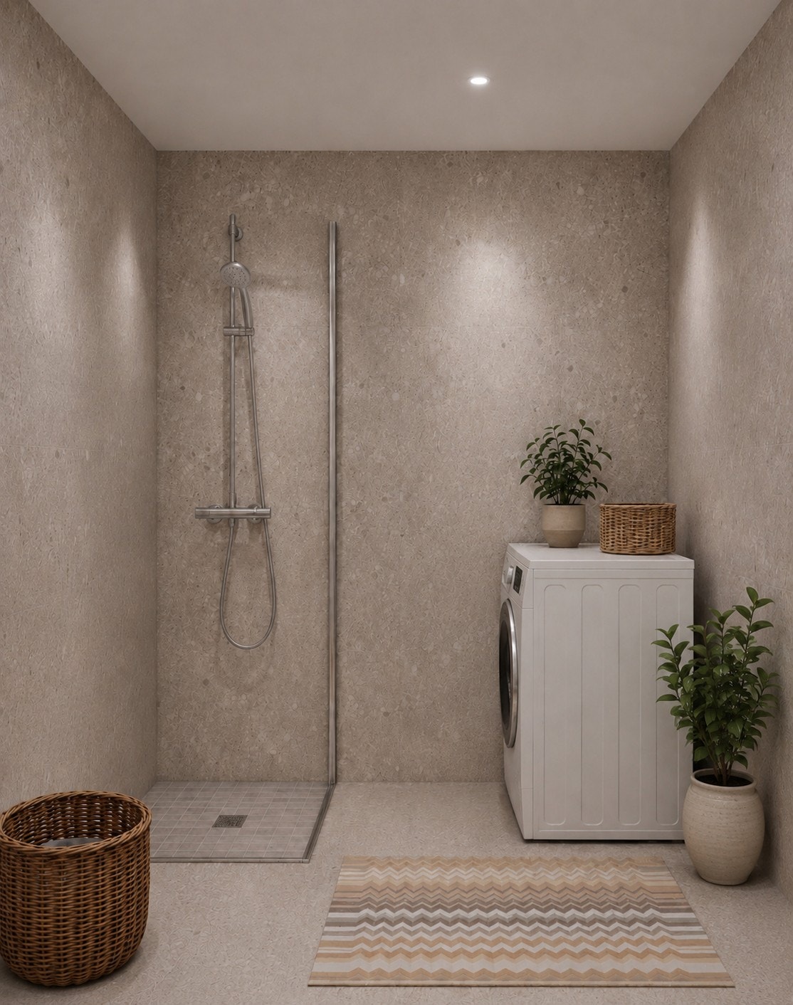 Badet er flislagt med beige/lys grå keramiske fliser - vegger og badegulv 60x60 cm, i dusjsonen 5x5 cm. Bildet er AI-generert, Endelig leveranse kan avvike. Galleribilde