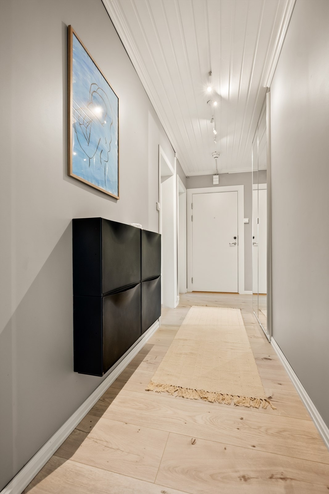 Entréen har malt panel i himlingen og laminat på gulvet. Praktiske veggmonterte skoskap. Galleribilde