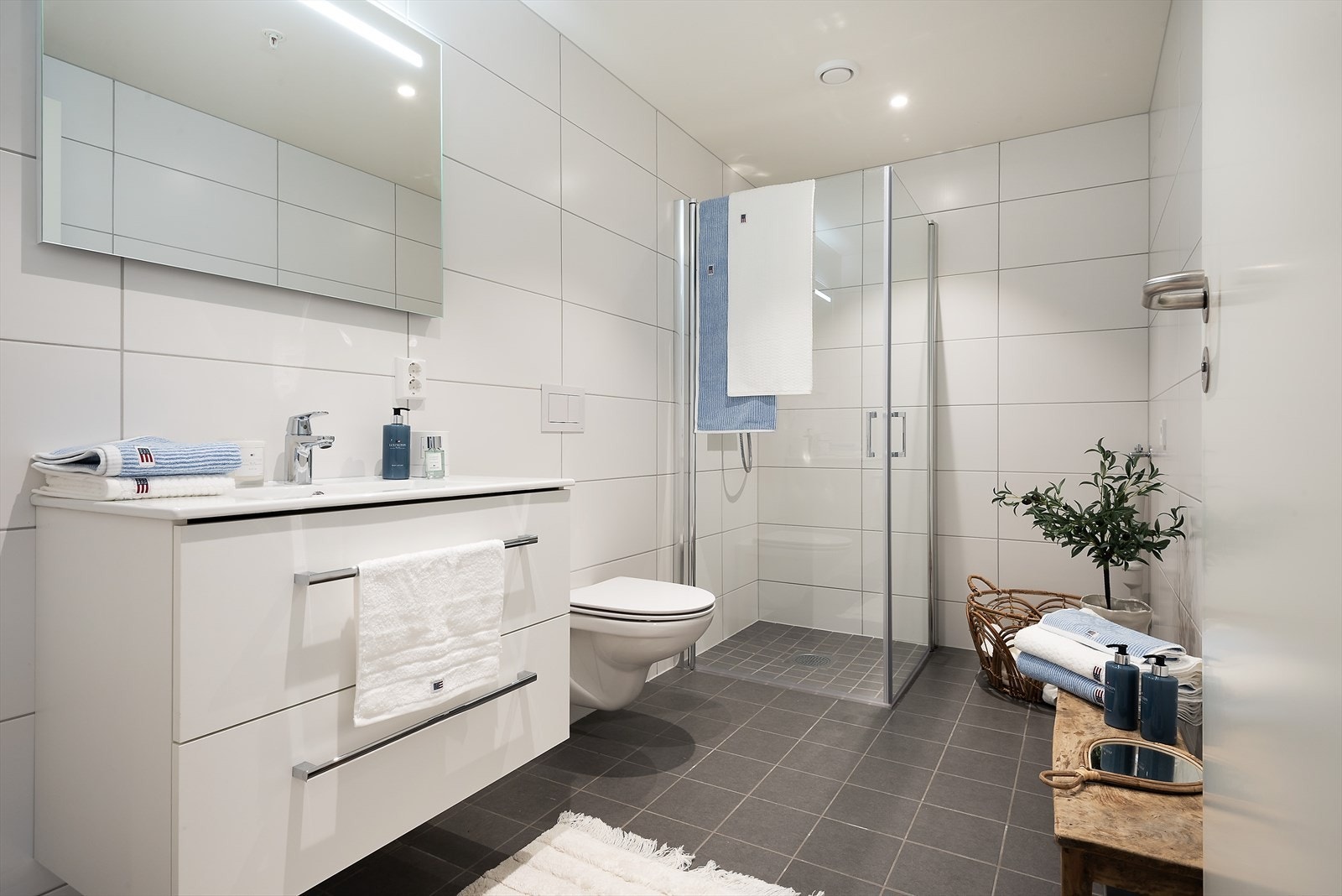 Badet i første etasje er helfliset, med en romslig dusjsone med glassdører. Galleribilde