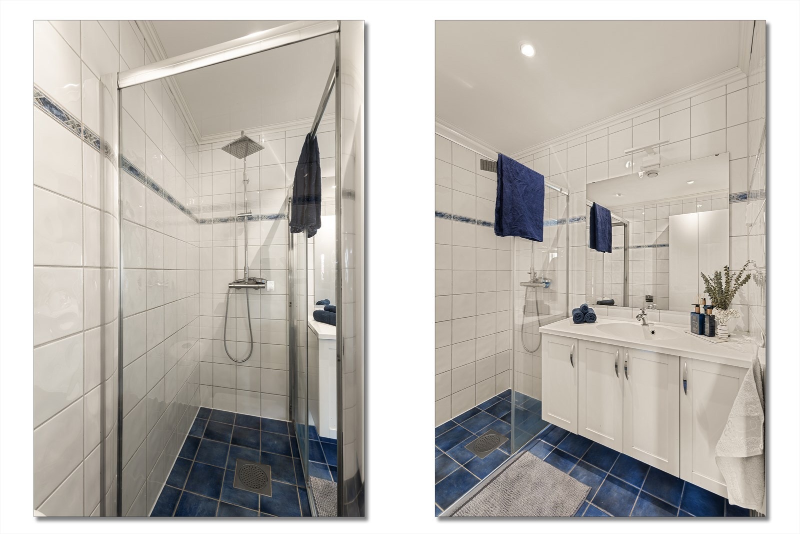 Badet er innredet med toalett, servant med møblement og dusjhjørne. Galleribilde