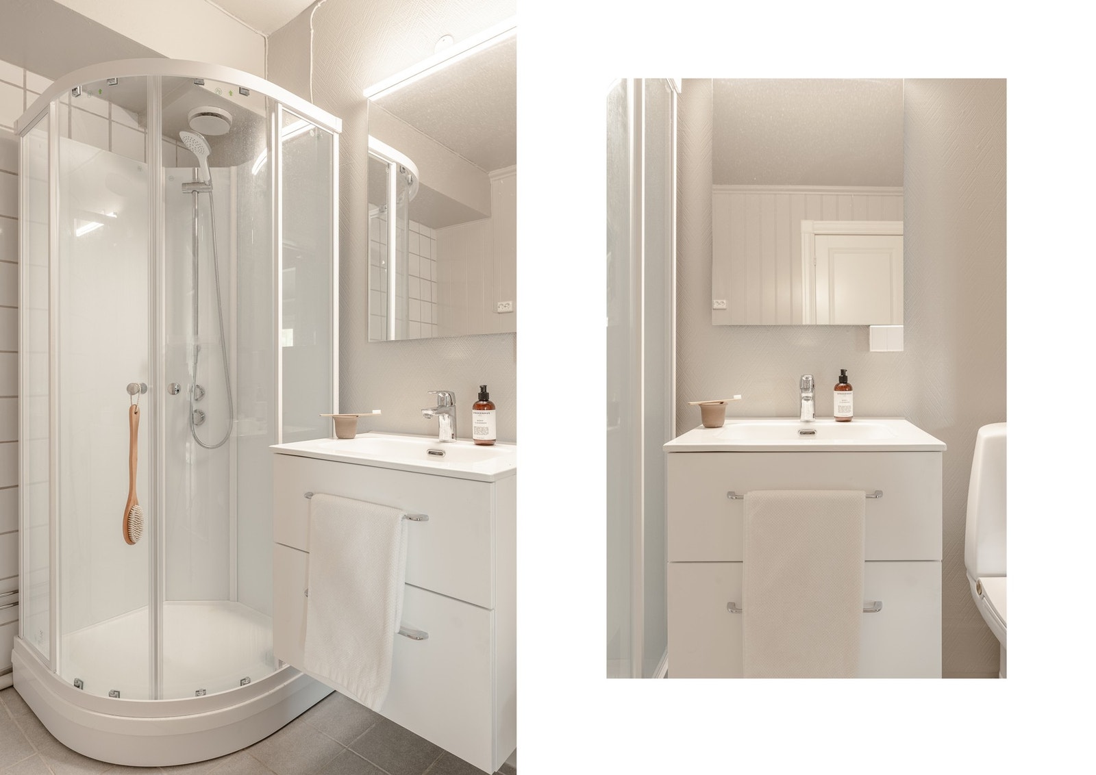 Badet er også innredet med toalett, dusjkabinett, og baderomsmøblement med speil og belysning. Galleribilde