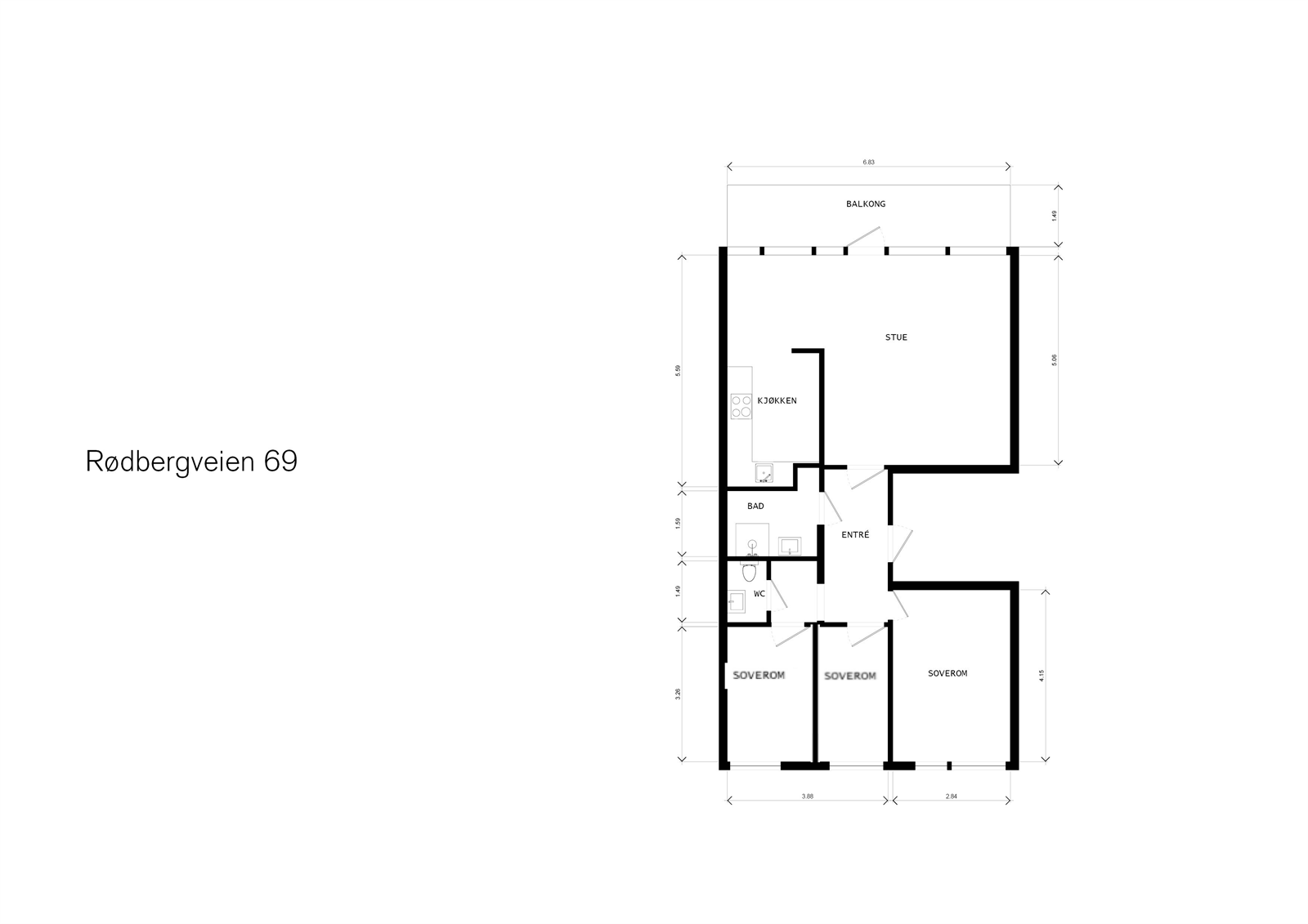 Alternativ planskisse 4-roms. Opprinnelig løsning. Dørene er beholdt Galleribilde