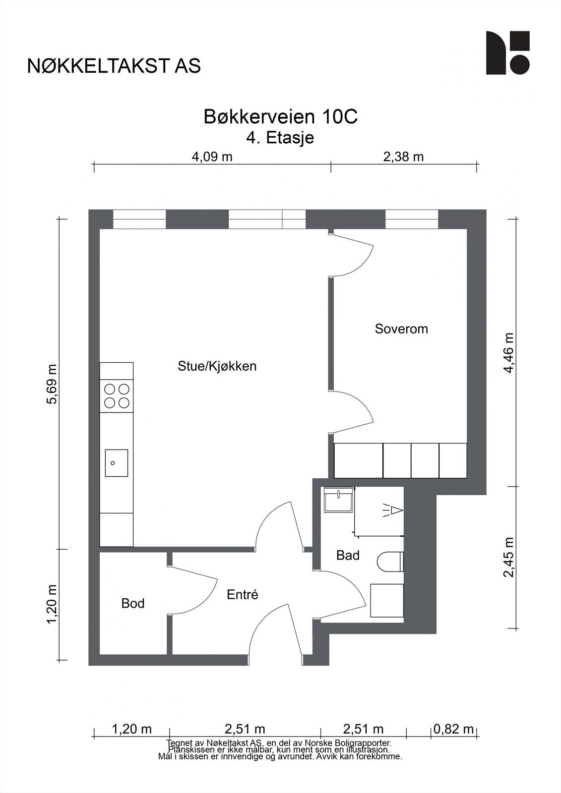 Arealeffektiv planløsning med åpen stue- og kjøkkenløsning, soverom og bad. Leiligheten disponerer også en innvendig bod og en kjellerbod på 7,3 m². Galleribilde