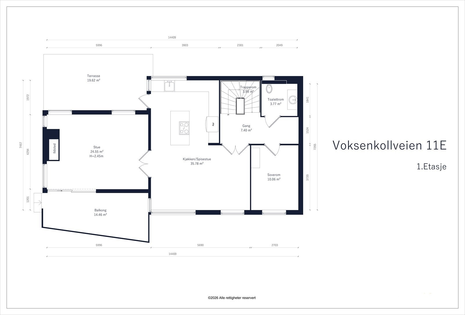 1. etasje: BRA-I 89 m². Gang, soverom, kjøkken, spisestue, stue, toalettrom Galleribilde
