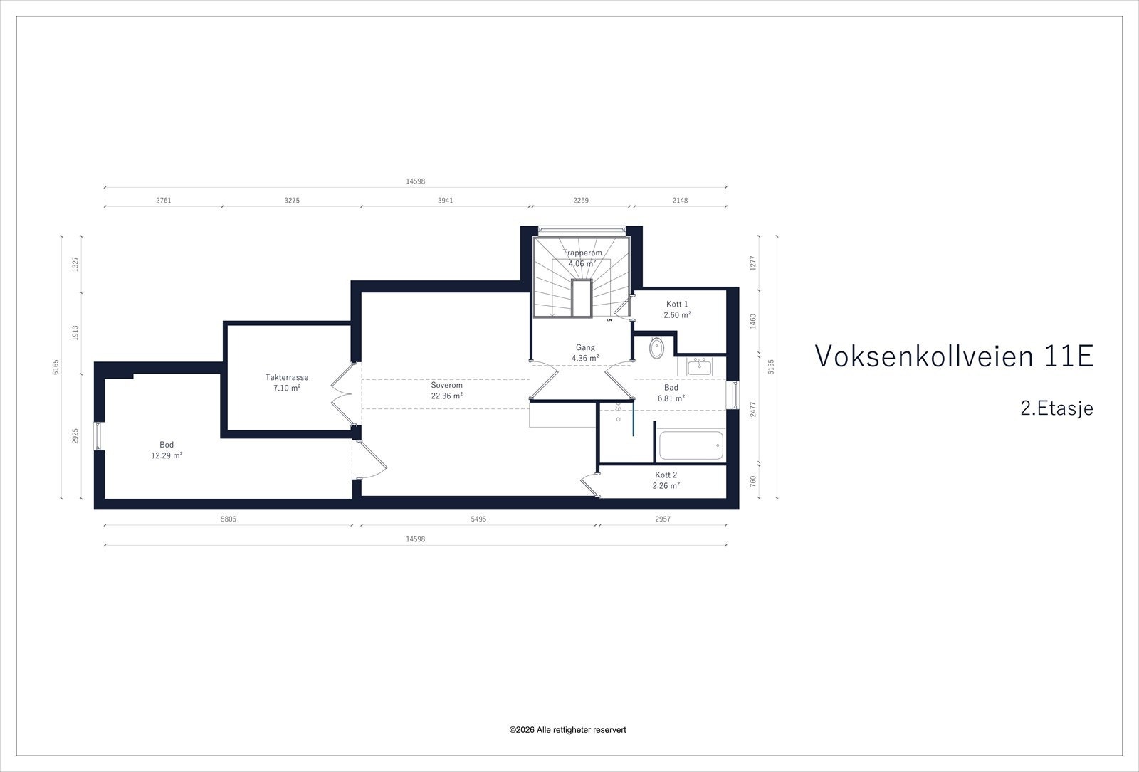 2. etasje: BRA-I 28 m². Gang, kott, bad, soverom, loftsbod. Etasjen har ytterligere 28 m² ikke måleverdig areal (ALH) grunnet skråtak/lavere himlingshøyde Galleribilde