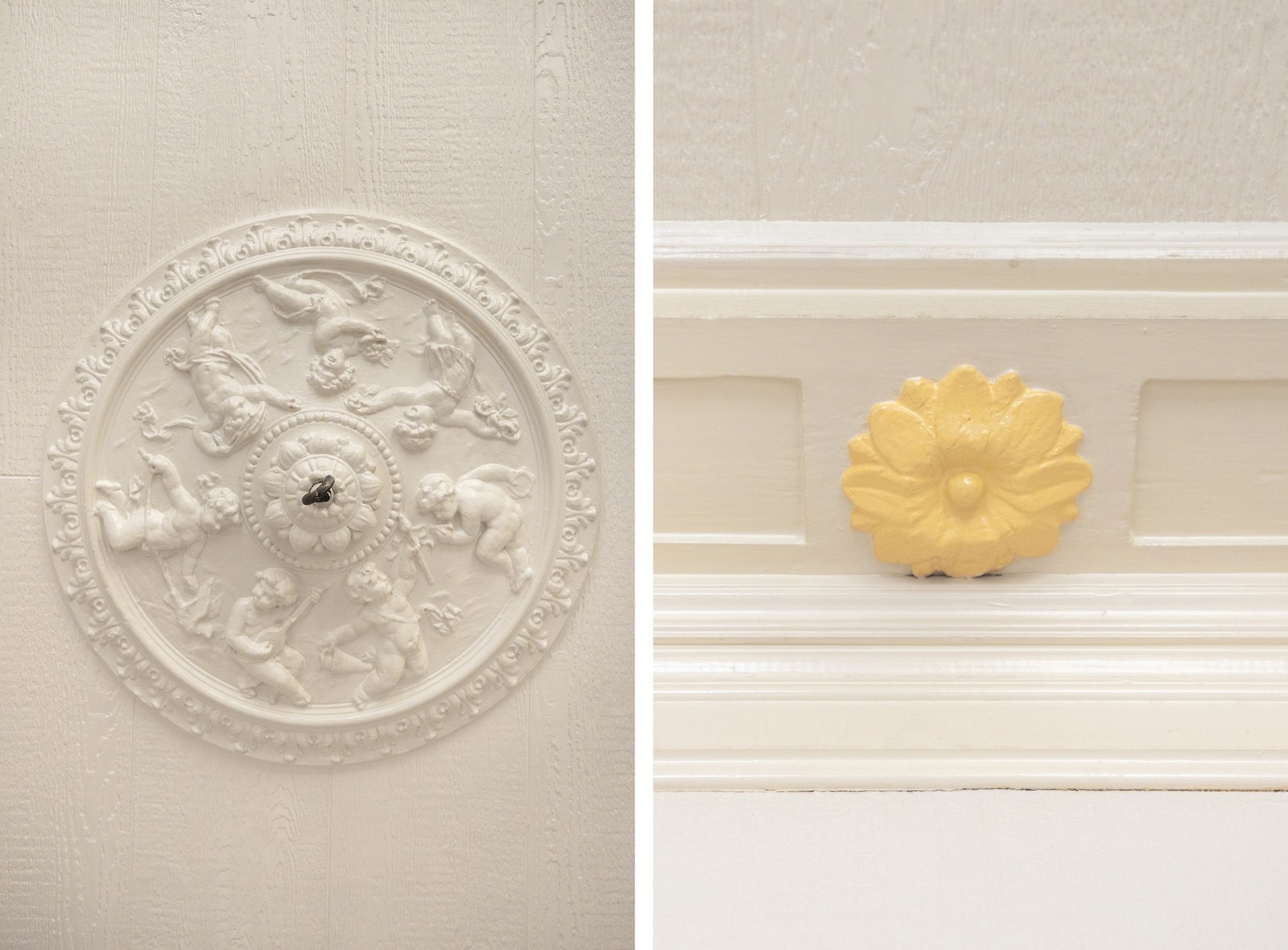 Boligen har lekre, klassiske detaljer som rosett og stukkatur. Galleribilde