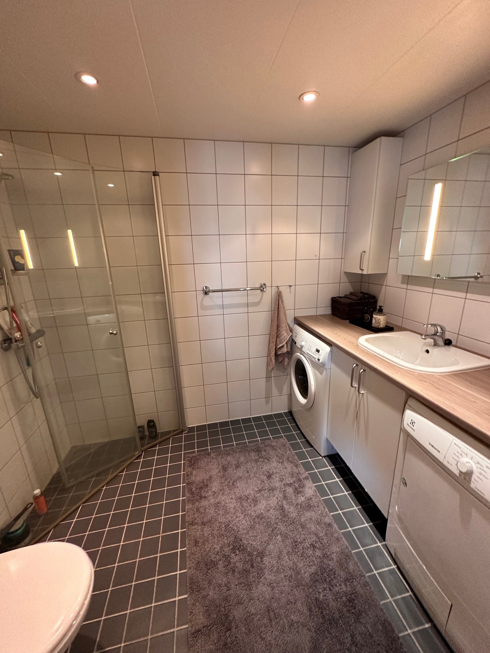 Lekkert bad med vaskemaskin. Opplegg for tørketrommel. Galleribilde