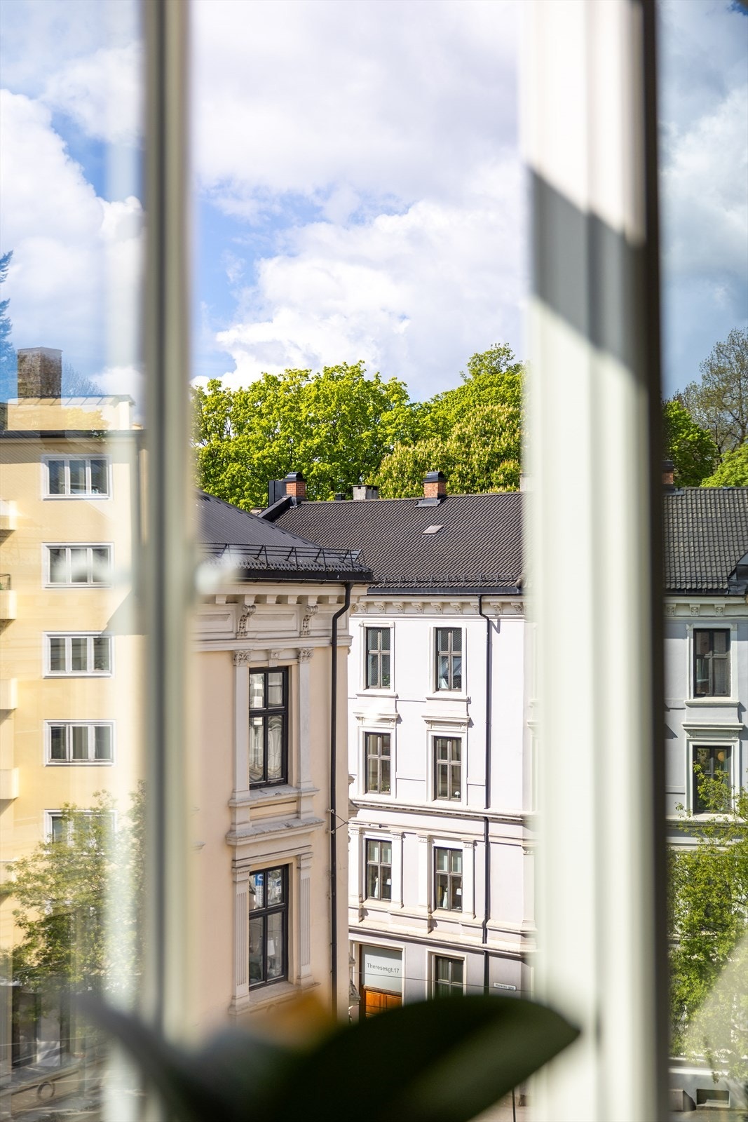 Flott utsyn fra stuen over klassiske bygårder og frodige tretopper i Stensparken. Galleribilde