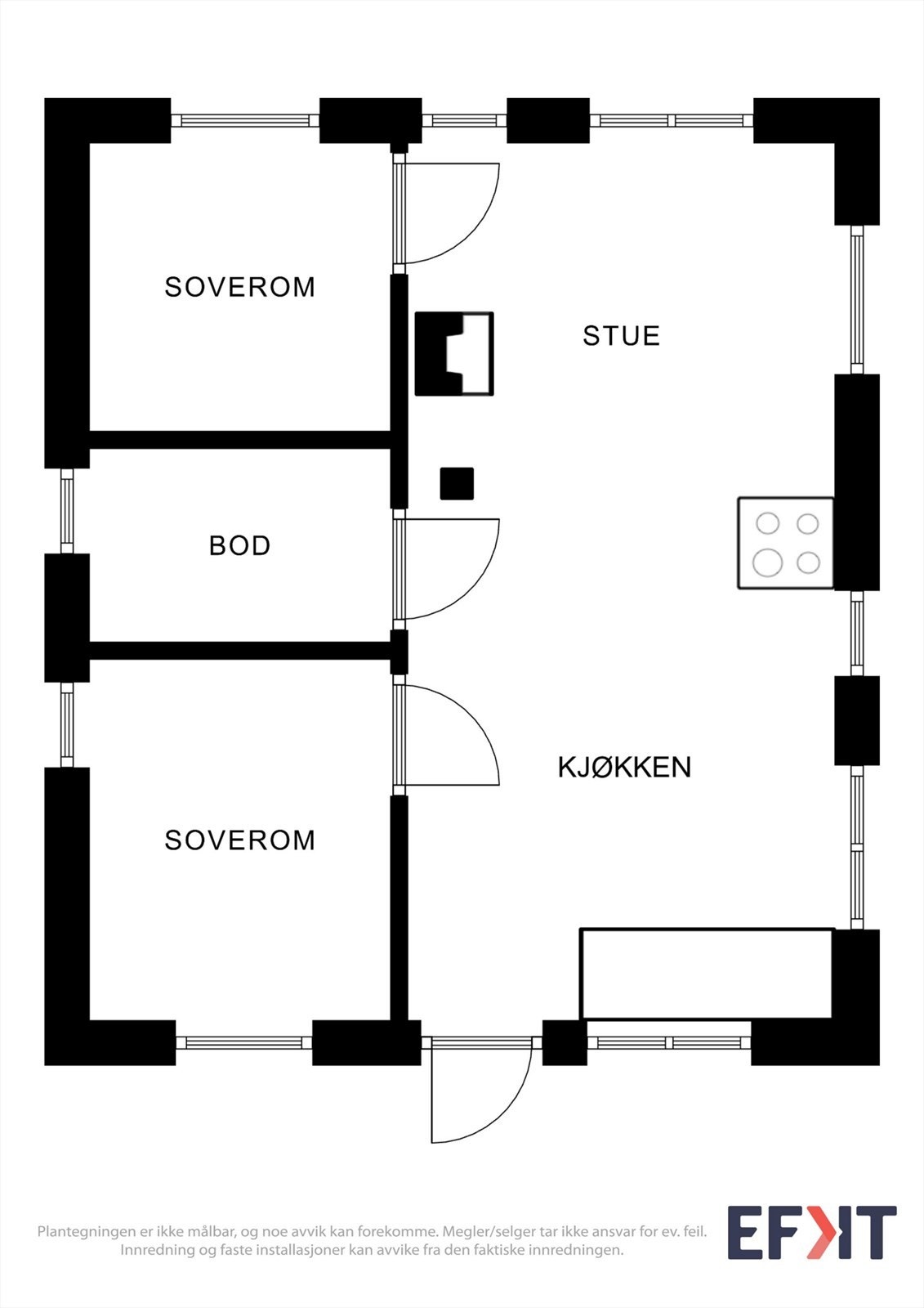 Hytta har en arealeffektiv planløsning med allrom, to soverom og en bod. I tillegg er det en hems med et gulvareal på 12 m². Galleribilde