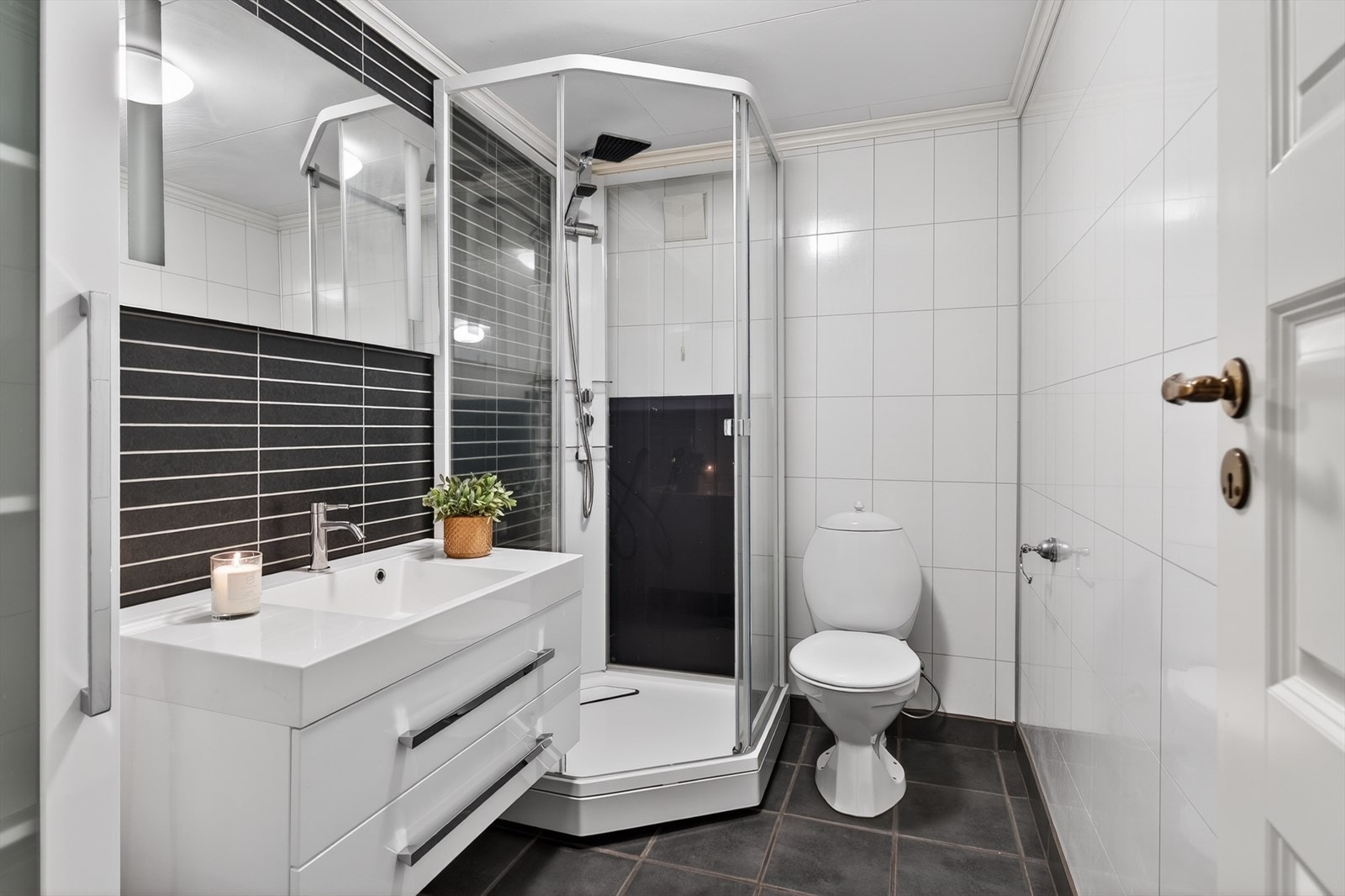 Badet i underetasjen er utstyrt med servantmøbel, toalett og dusjkabinett. Galleribilde