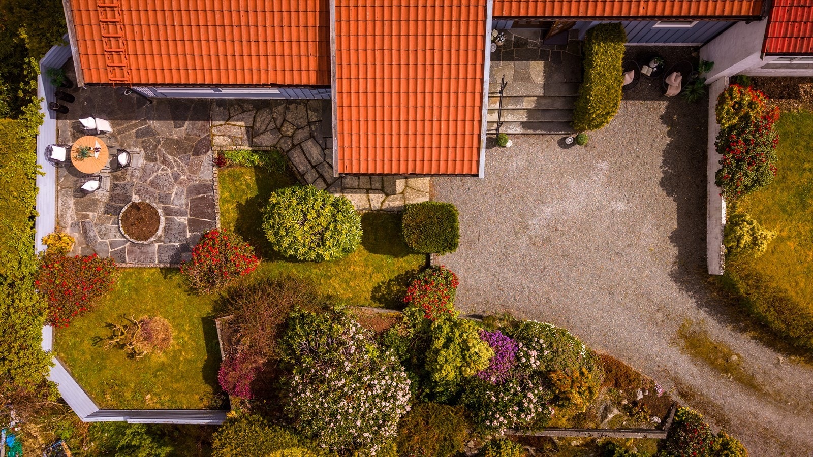 Oversikt over den pent opparbeidede tomten med hage, terrasse og biloppstillingsplass. Galleribilde