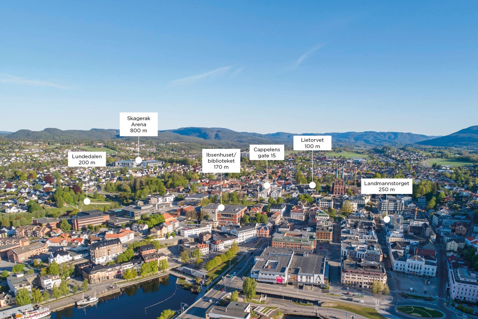 Oversiktsbilde - Skien by hvor leiligheten er markert i forhold til diverse nøkkelbygg. Galleribilde