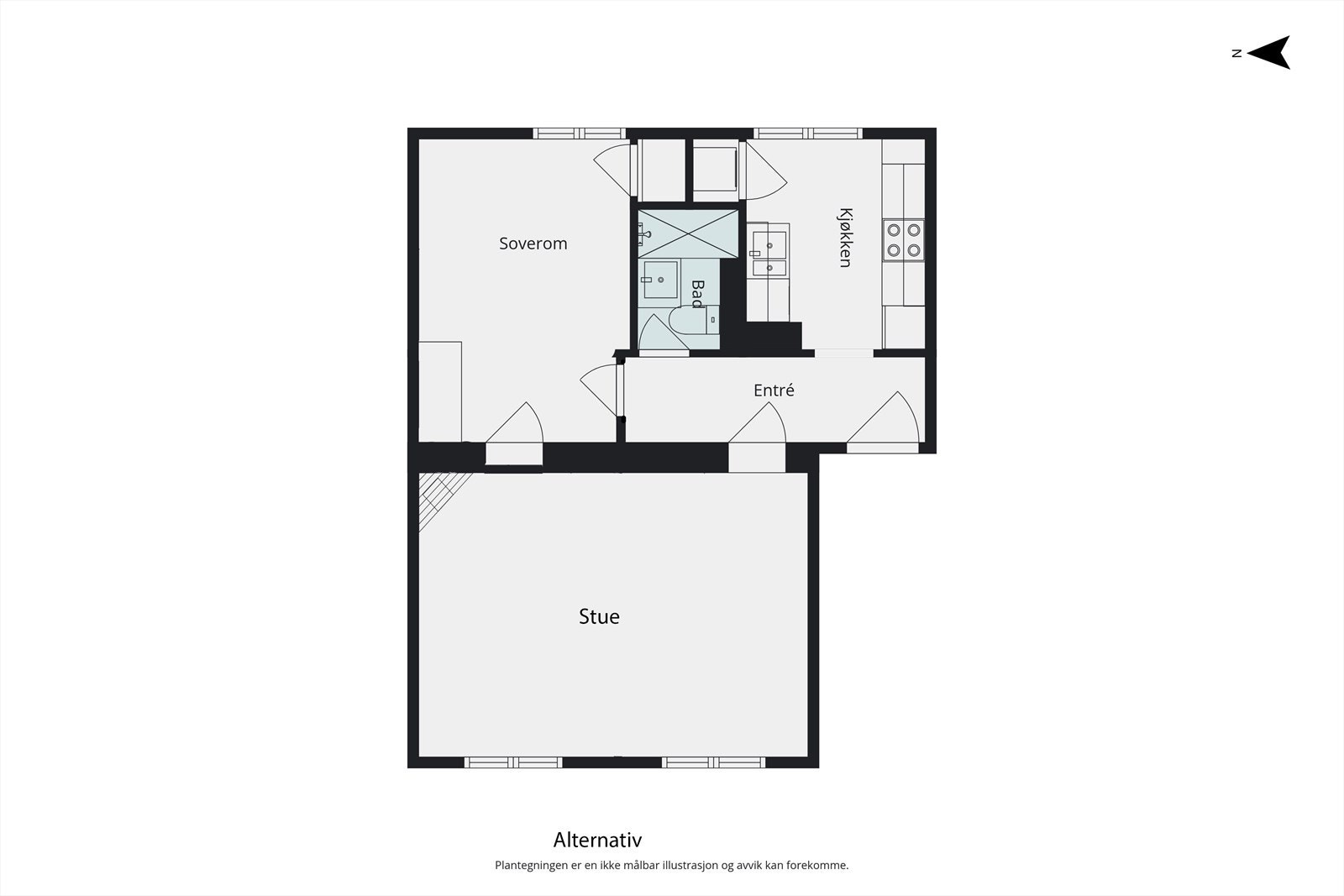 Alternativ (original) planløsning) - denne planløsningen er tilsvarende byggetegningene. Galleribilde