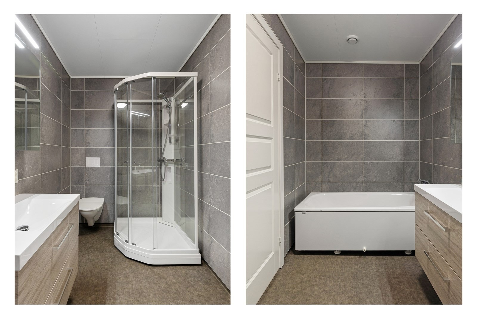 Dette badet er utstyr med både badekar og dusjkabinett Galleribilde