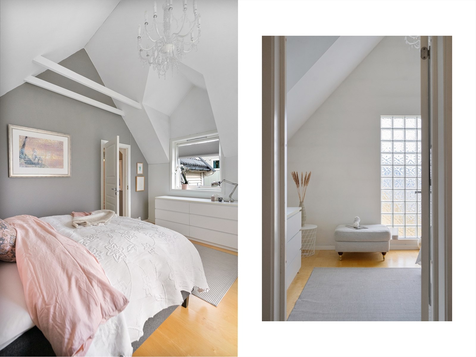 Soverom 3 - Detaljer som synlige takbjelker og lysekronen setter en elegant ramme rundt rommet Galleribilde