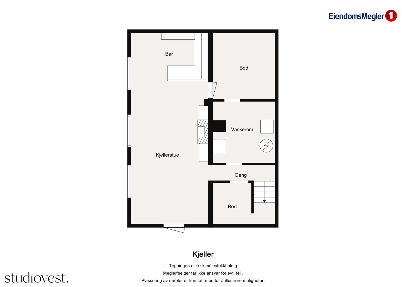 Kjellerplanet inneholder praktiske rom som vaskerom og boder, samt et toalettrom og et innredet rom med bar. Galleribilde
