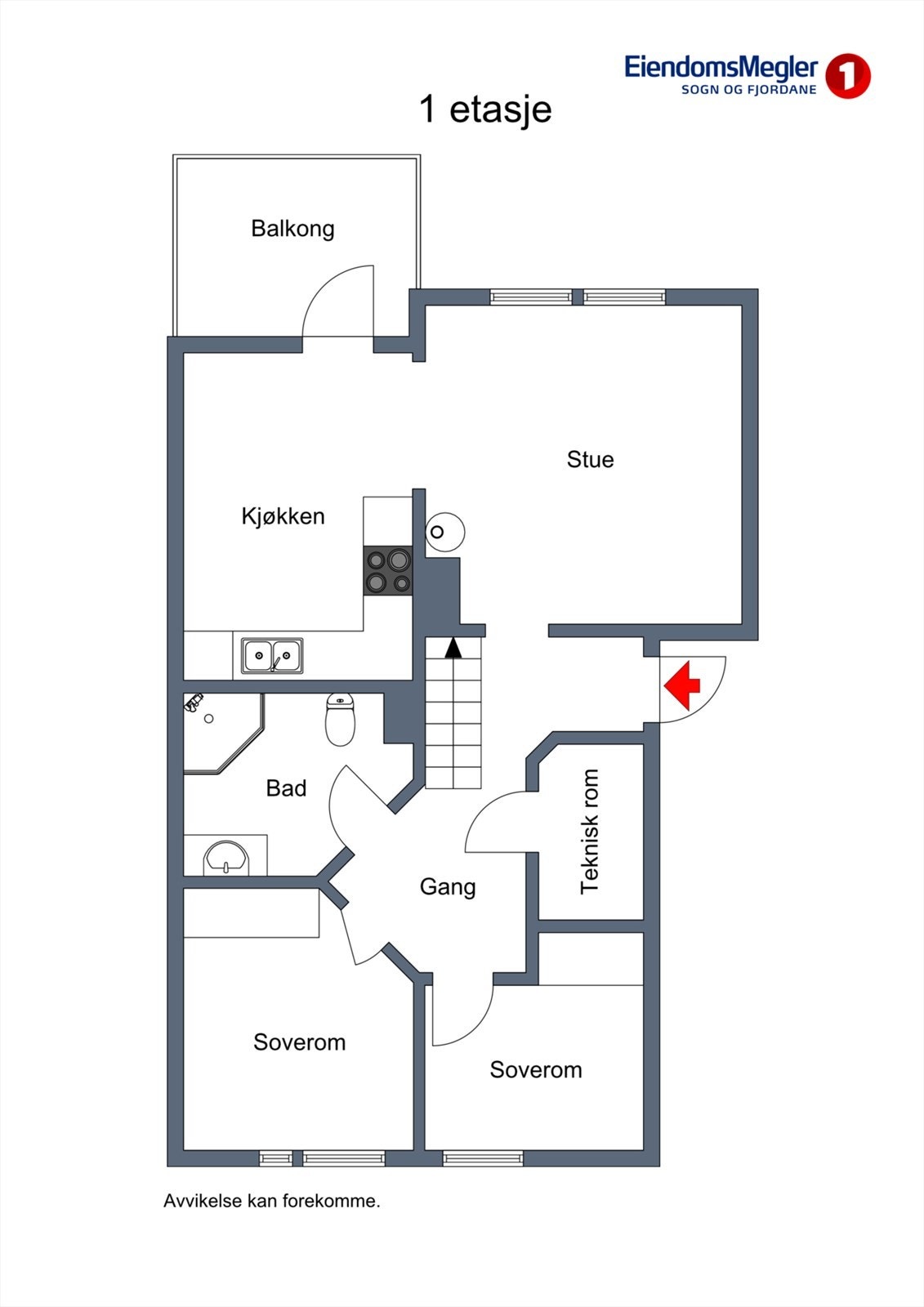 Planløysinga fordeler seg over stove/kjøkken, to soverom, bad, vaskerom og entré. Trapp opp til innreidd loft. Galleribilde