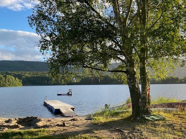 Fra hytta er det omtrent fem minutters gange ned til felles badestrand med brygge og båtfeste. (Privat bilde) Galleribilde