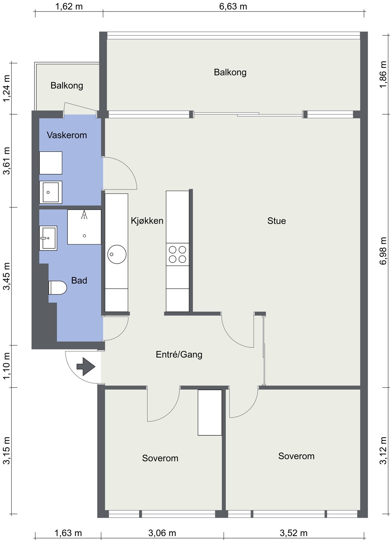 Plantegning av leiligheten. Utover dette er det 2 boder. Kjellerbod på 2 m2, samt en utebod på 4 m2. Galleribilde