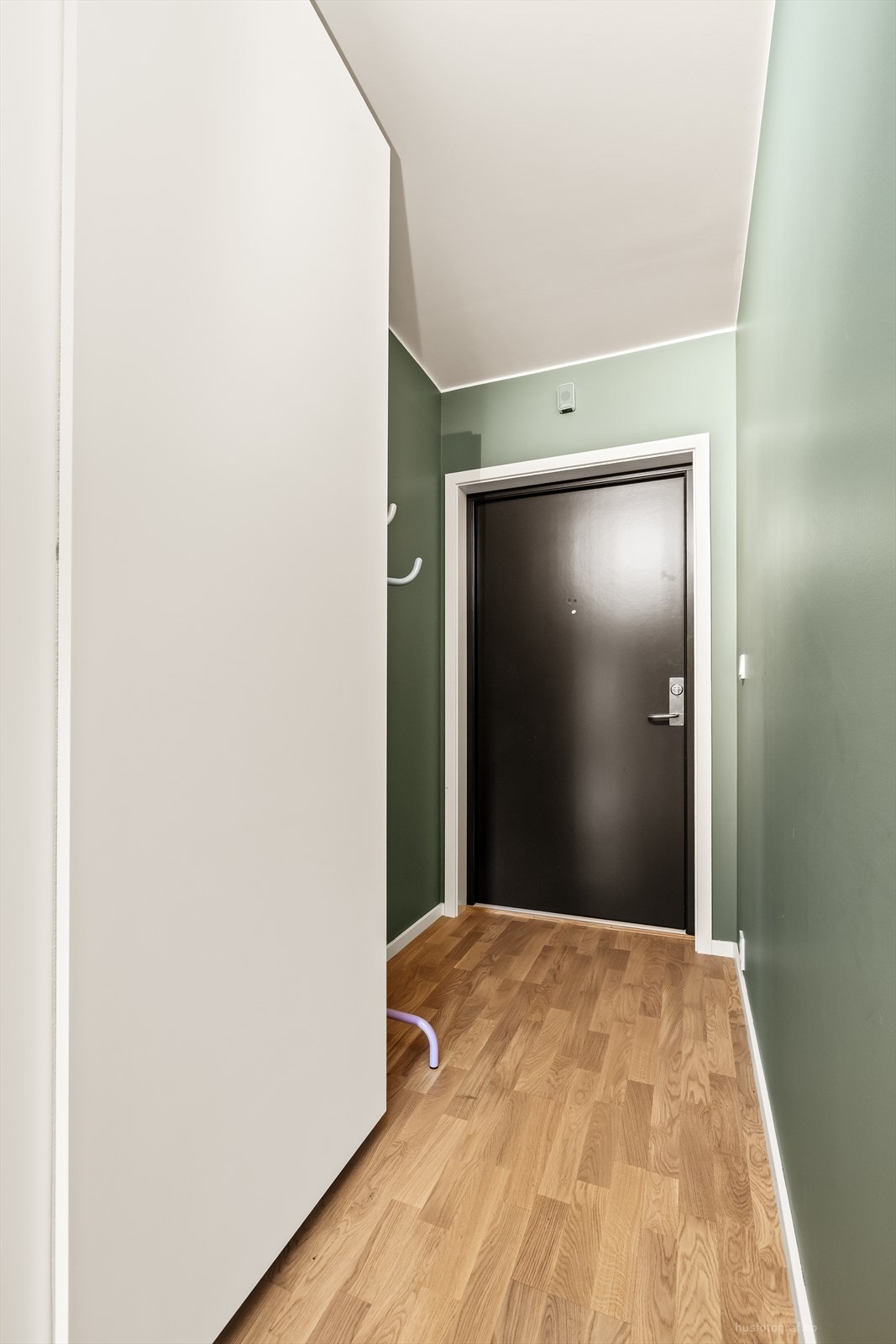 Entréen har parkett på gulv og malte veggflater, som er gjennomgående i de fleste oppholdsrom. Galleribilde