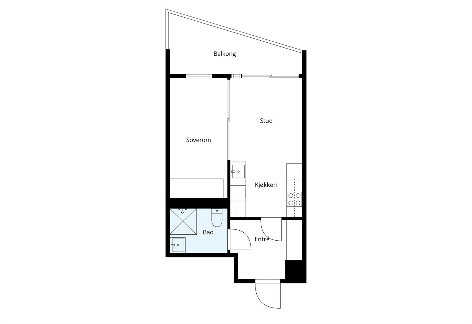 Leiligheten har en arealeffektiv planløsning på 37 m² med åpen stue- og kjøkkenløsning, sovealkove og en kjellerbod på 2,5 m². Galleribilde