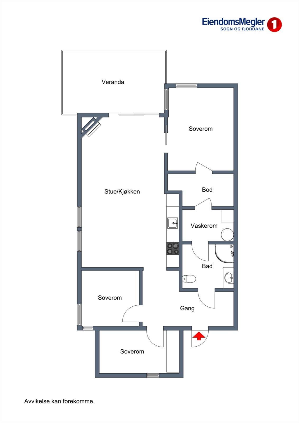 Leilegheita har ei gjennomtenkt planløysing med tre soverom, open stove- og kjøkkenløysing og god lagringsplass. Galleribilde