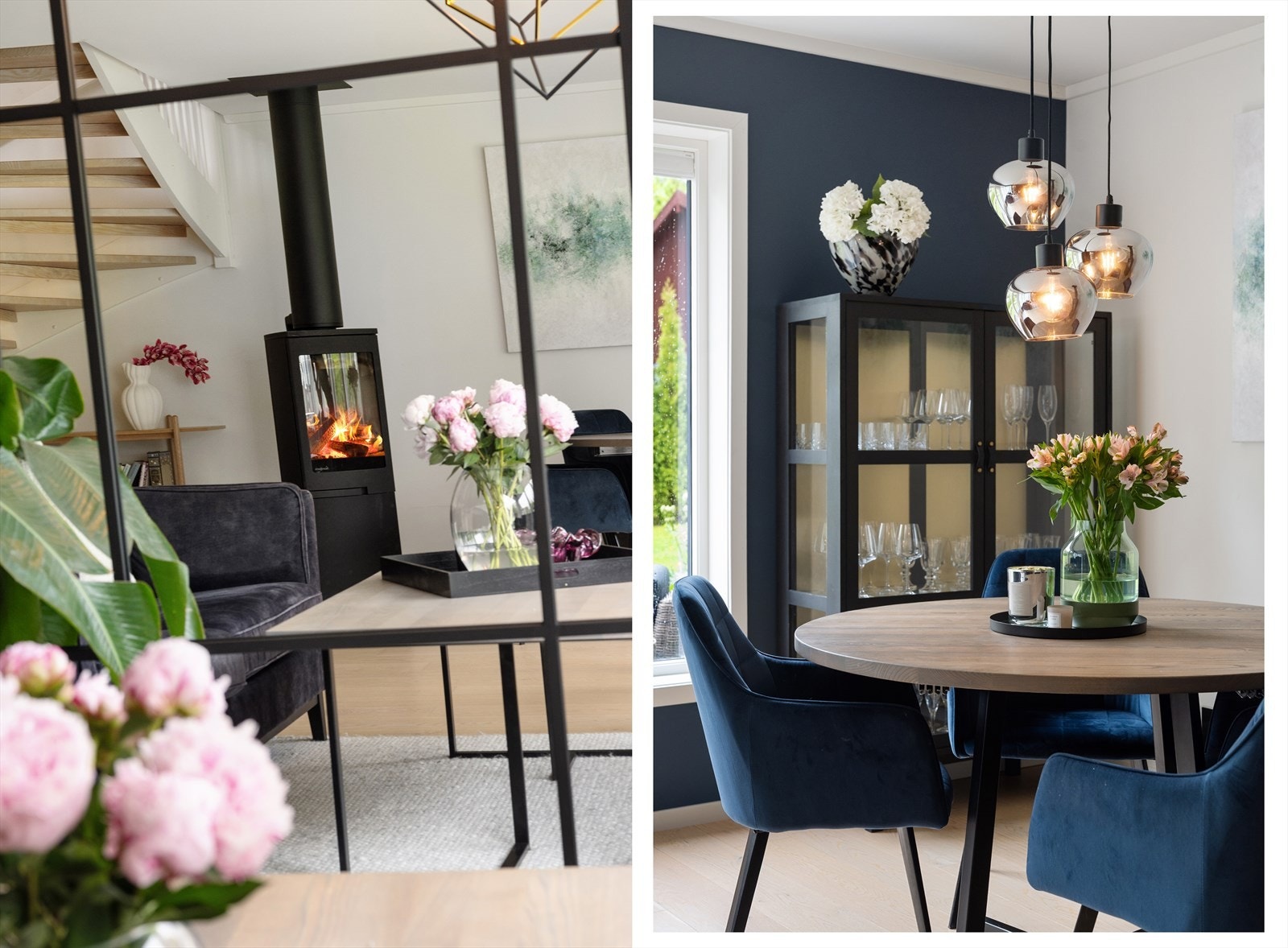 Detaljer fra stuen som viser peisovnen og spiseplassen. Galleribilde