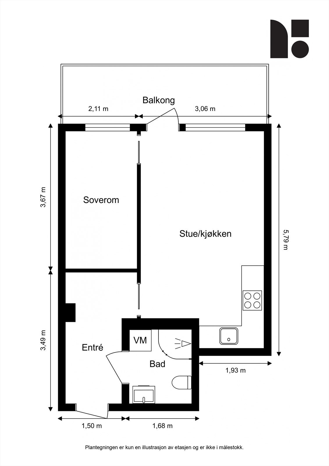 Plantegning. I tillegg disponerer leiligheten en bod i 1.etg på ca. 8 kvm. Galleribilde