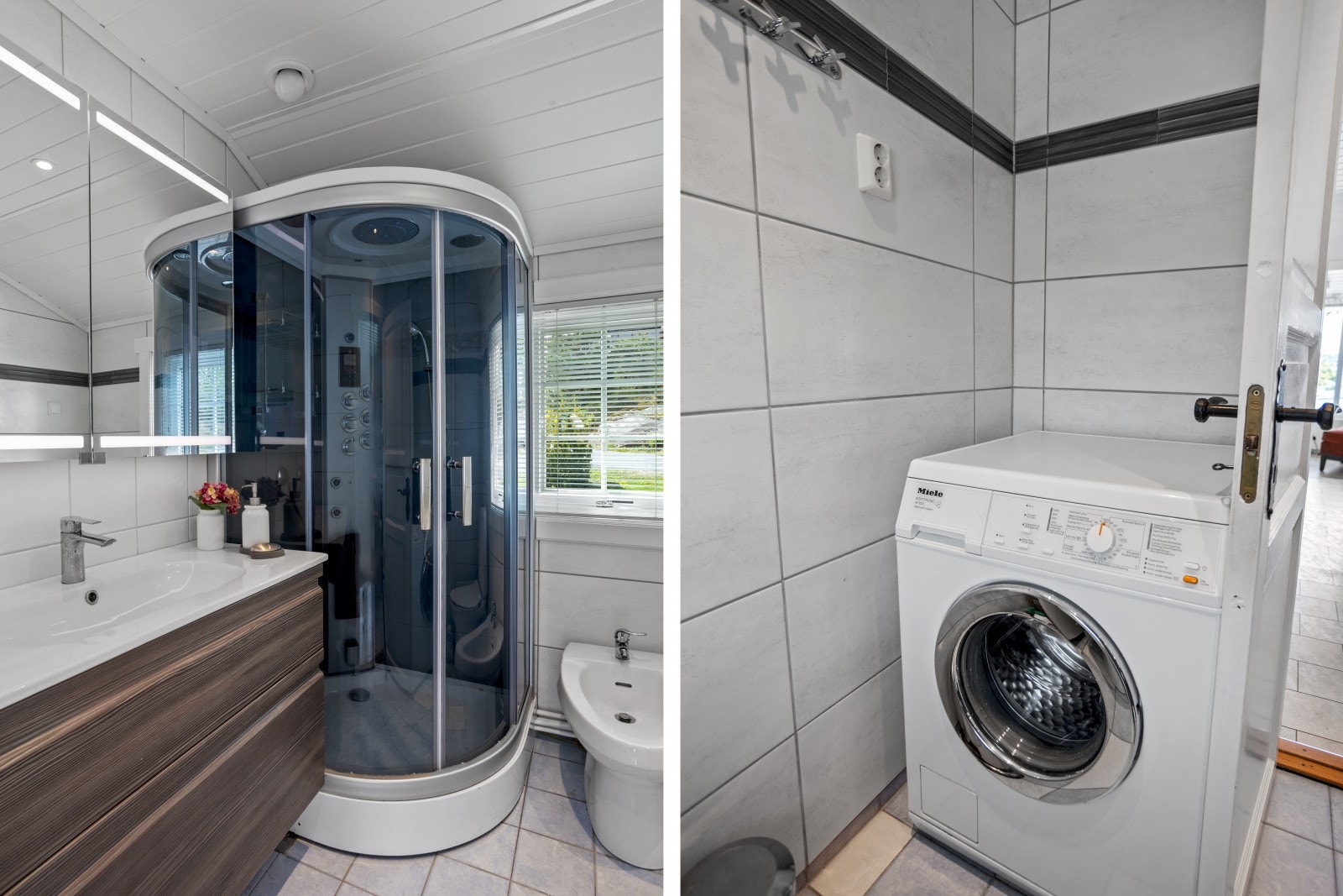 Badet har flislagte gulv av betong og flislagte vegger, samt mdf-panel i himlingen. Innredningen består av servant, wc, dusjkabinett, bidèt og opplegg for vaskemaskin. Stoppekranen er plassert på badet og en panelovn gir varme. Galleribilde