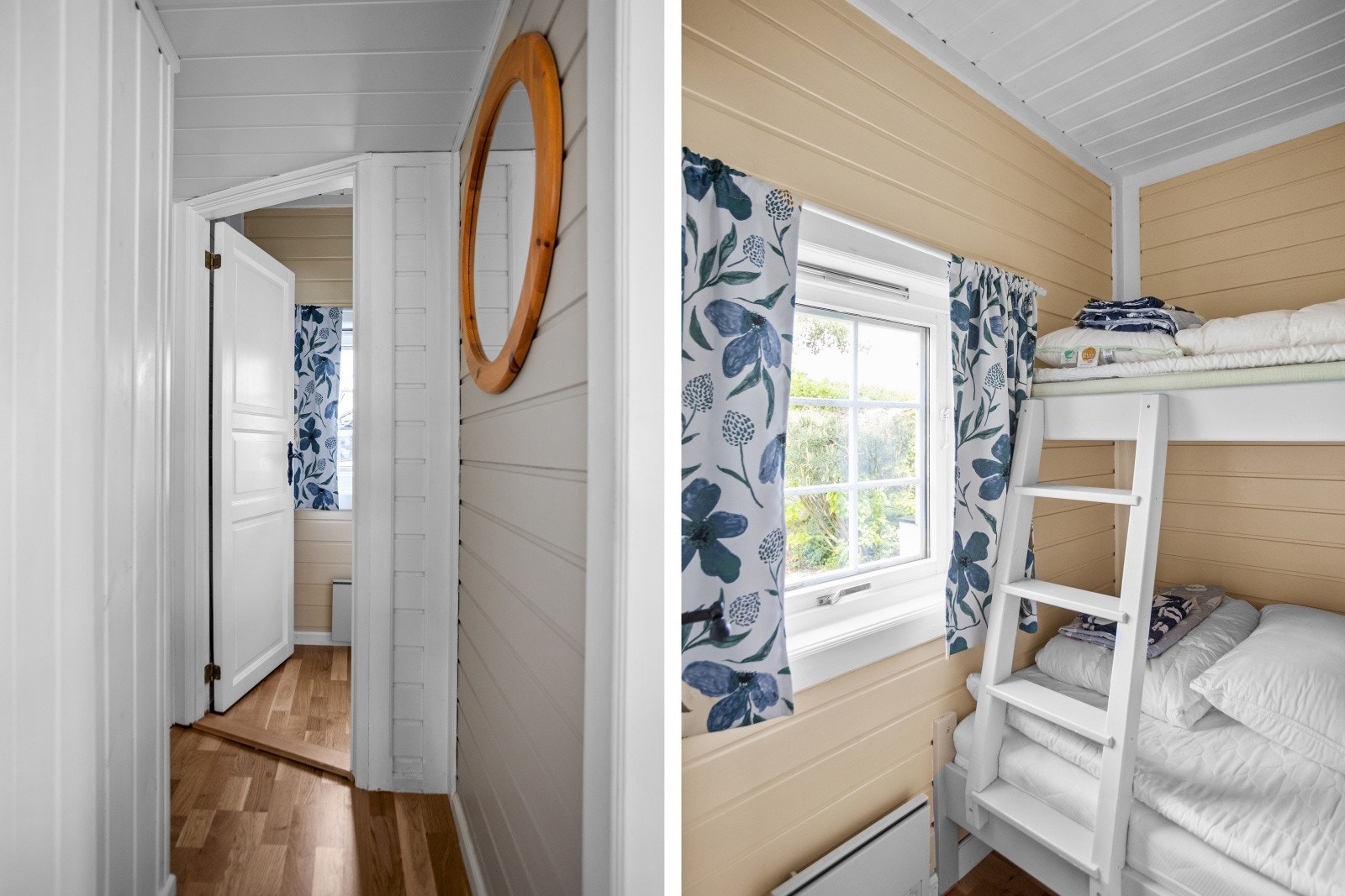 Hytta har tre soverom, to av soverommene er i den private delen av hytta og adskilt fra stue og kjøkken via en intern gang med parkett. To av soverommene har malt panel i varme farger og er innredet med køyesenger. Galleribilde