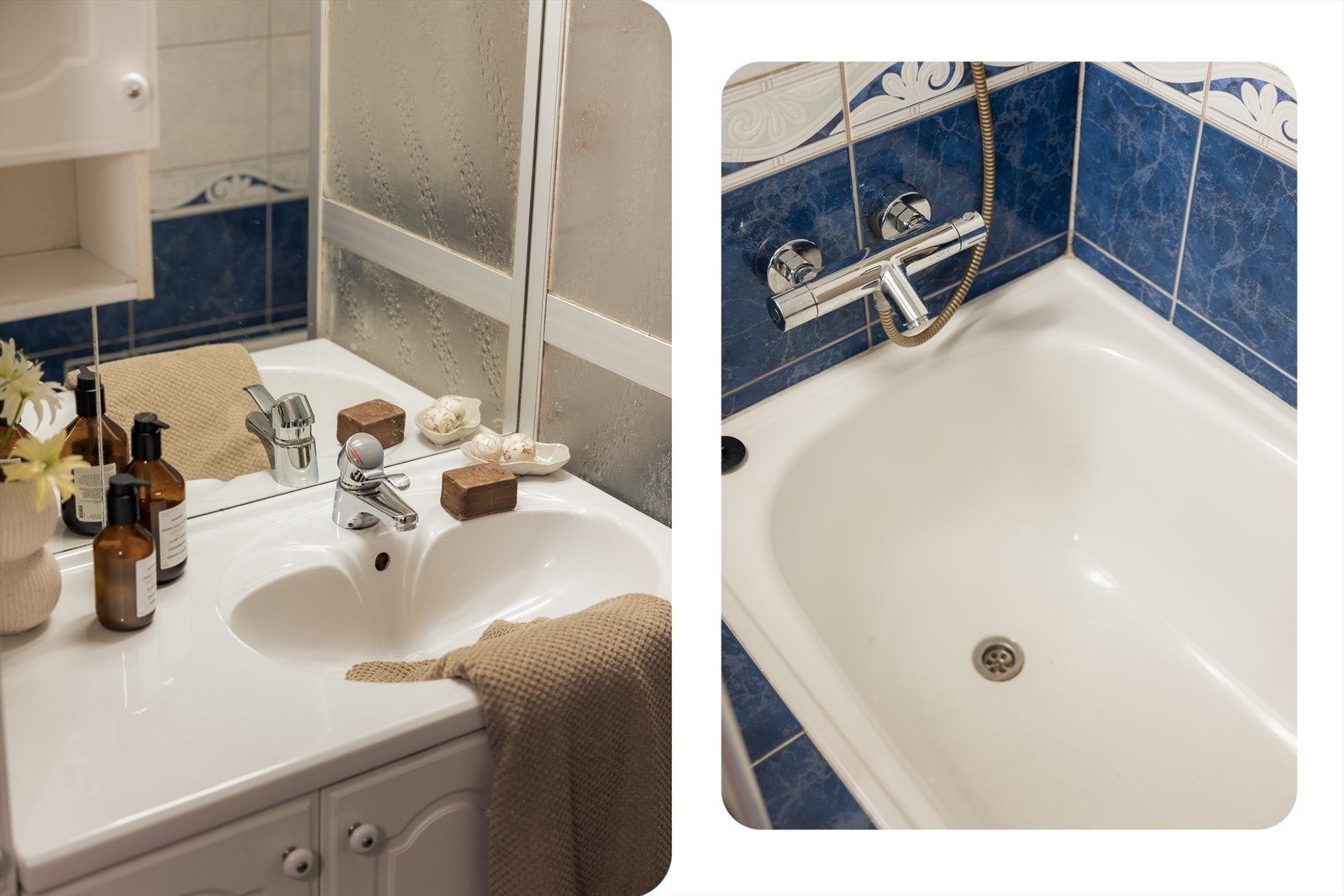 Rommet er innredet med lyse flater og blå detaljer som gir badet et klassisk uttrykk. Dusjløsningen er skjermet med foldedører i glass. Galleribilde