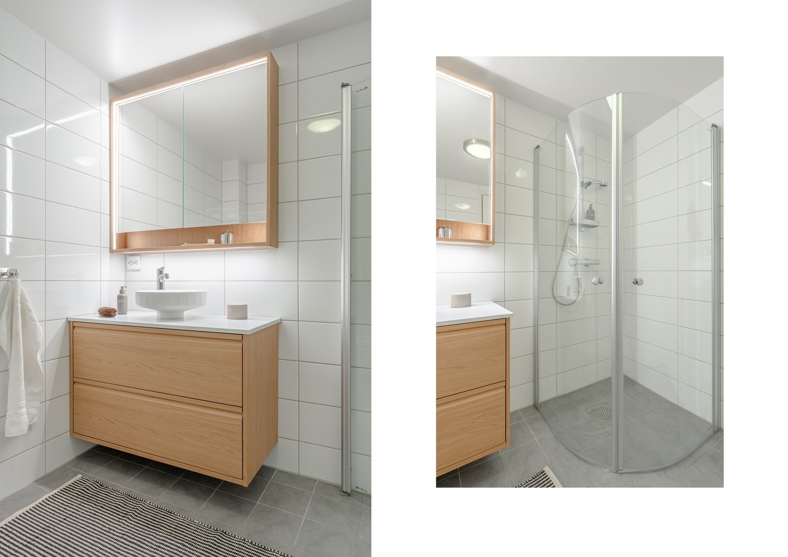 Badet er innredet med vegghengt toalett, dusjhjørne med glassvegger, og et moderne baderomsmøblement med speil og belysning. Galleribilde