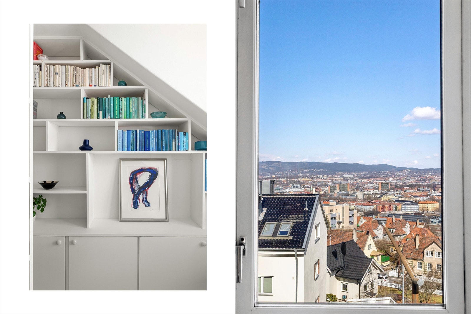 Flere sjarmerende detaljer med plassbygde bokhyller. Galleribilde