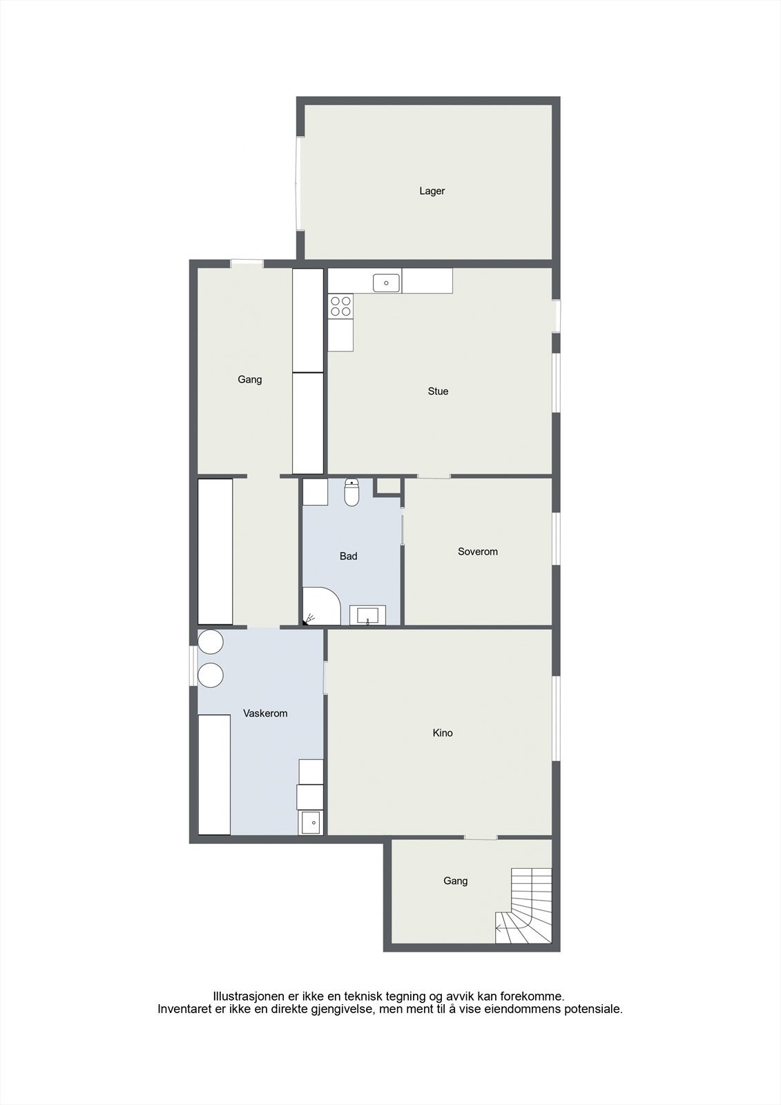 Underetasjen er inndelt i en hoveddel og en hybeldel. Hoveddelen inneholder kjellerstue, vaskerom og hall. Mellom Kino og soverom er det dør. Galleribilde