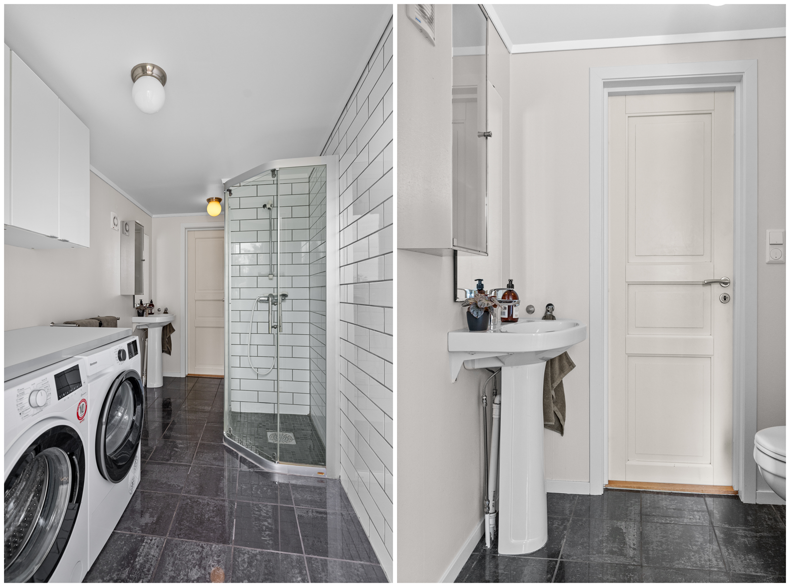 I samme del av boligen ligger badet i første etasje. Dette er innredet med dusjhjørne, toalett og opplegg for vaskemaskin og tørketrommel. Galleribilde