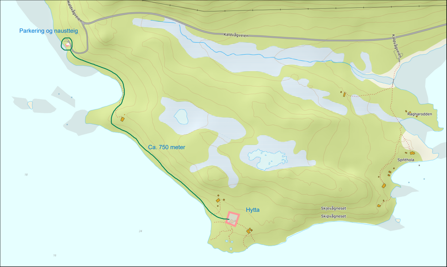 Det er ca. 750 meter fra parkering og naustteigen til hytta. Illustrert via mørk grønn-linje. Karteksempel hentet fra Nibio. Galleribilde